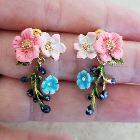 Artisan Cloisonne Flower Drop Earrings - Picture 3 of 6
